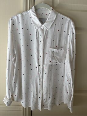 Rails White Button-Down Shirt with Red, Navy & Light Blue Hearts